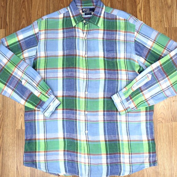 POLO RALPH LAUREN MARLOWE FIT 100% LINEN SHIRT PLAID Sz LARGE, L - Picture 1 of 4